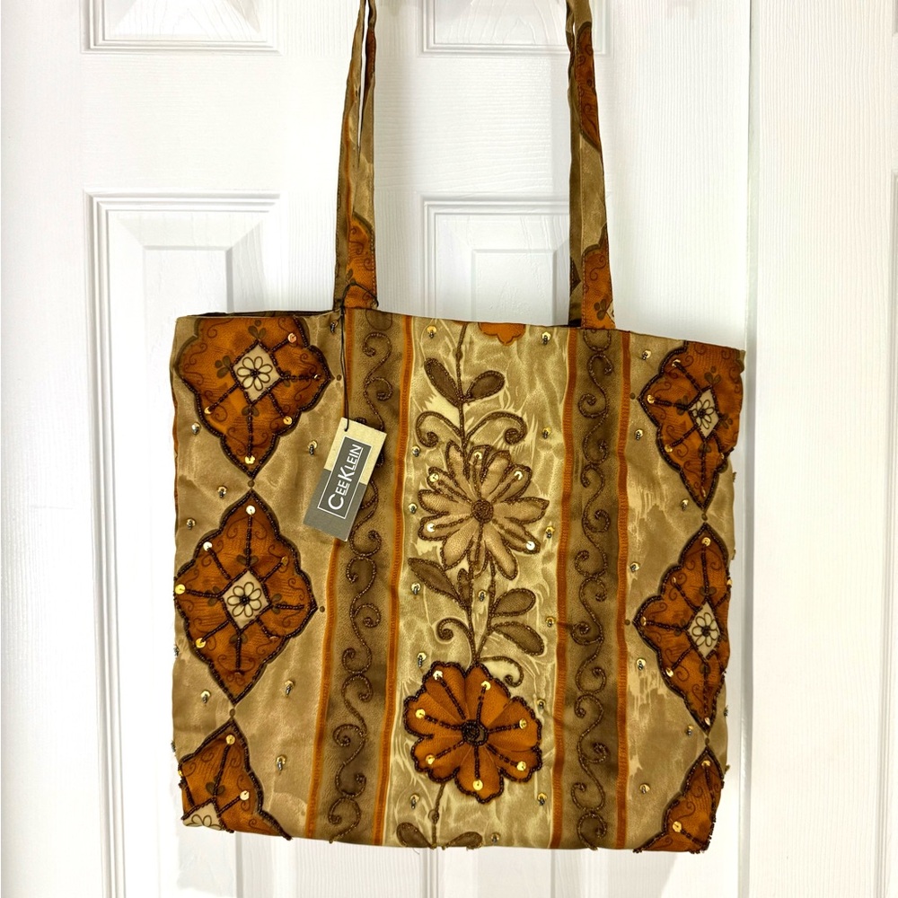 NWT Tan and Brown Beaded Floral Tote Bag boho purse